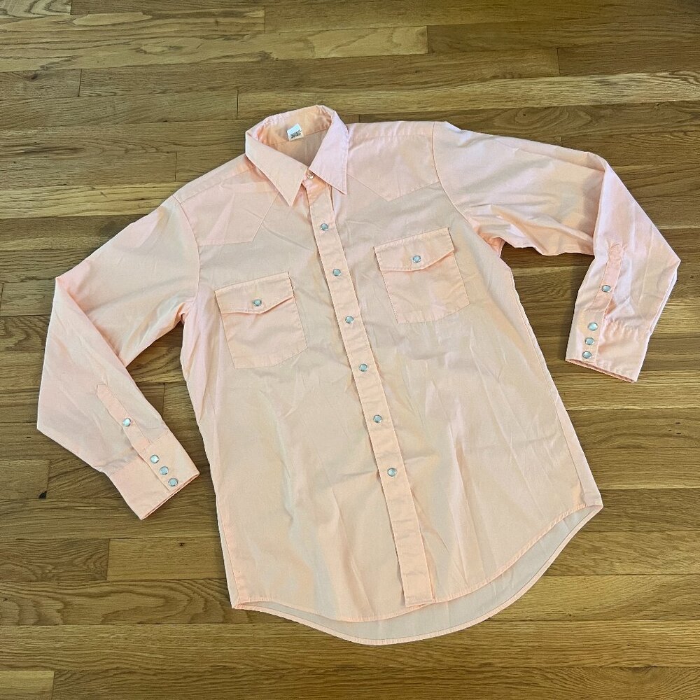 Malco Modes Vintage Western Pearl Snap Peach Shirt USA MADE - Large (16/34)
